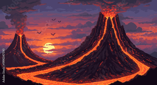 Epic Pixelated Volcanic Landscape, Active Lava Flows, Smoke Plumes, Dusk Sky