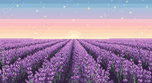 Pixel Art Lavender Field Landscape at Sunset with Twinkling Stars, Serene Digital Nature Scene