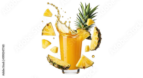 Fresh pineapple juice in a glass with a dynamic splash and fruit slices isolated on transparent background