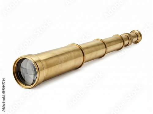 Brass telescope isolated on pure white background science concept