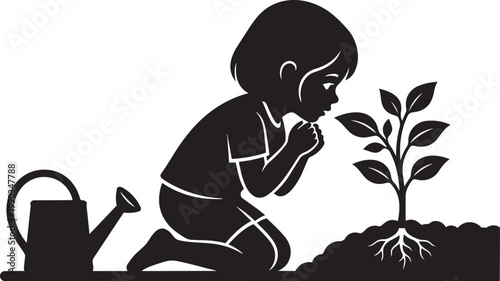 Little Girl Observing Growing Plant Closely Minimal Vector Silhouette Illustration