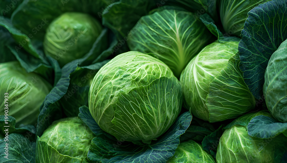 Fototapeta premium Close-up of freshly harvested green cabbages piled together. Crisp, leafy vegetables ready for cooking, pickling, or market display. Natural farming product.