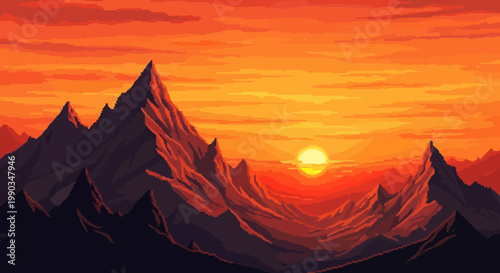 Pixel Art Mountain Landscape at Sunset, Retro 8-bit Style Valley View with Vibrant Orange Sky
