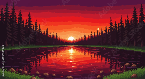 Pixel Art Sunset over Forest Lake with Vibrant Sky Reflection