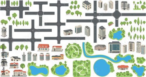 Isometric city map elements set, urban infrastructure vector icons with roads and buildings, landscape architecture kit with parks and lakes