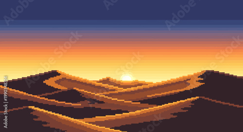 Pixel Art Desert Landscape with Sand Dunes at Sunset, Vibrant Orange and Blue Sky, Serene Retro Style
