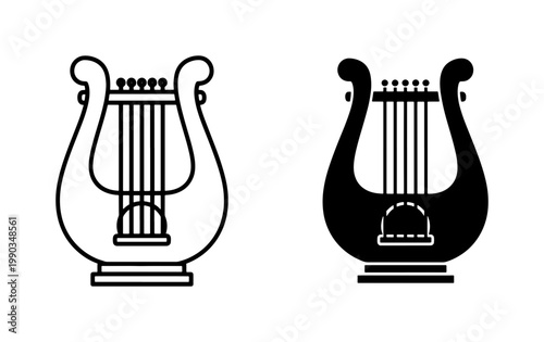 Ancient Greek Lyre Musical Instrument Line and Silhouette Icons