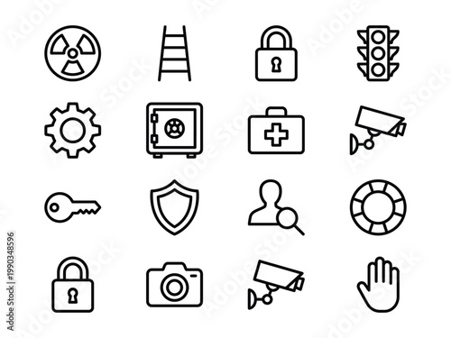 Collection of 16 safety and security icons vector illustration traffic light first aid security radiation lifebuoy protection surveillance investigation emergency authentication personal