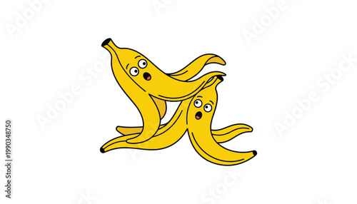 Funny Surprised Banana Peel Characters Illustration for Slapstick Humor Comic Concept Food Sticker and Merchandise Design
