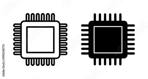Computer CPU Microchip Icon Set in Outline and Solid Style