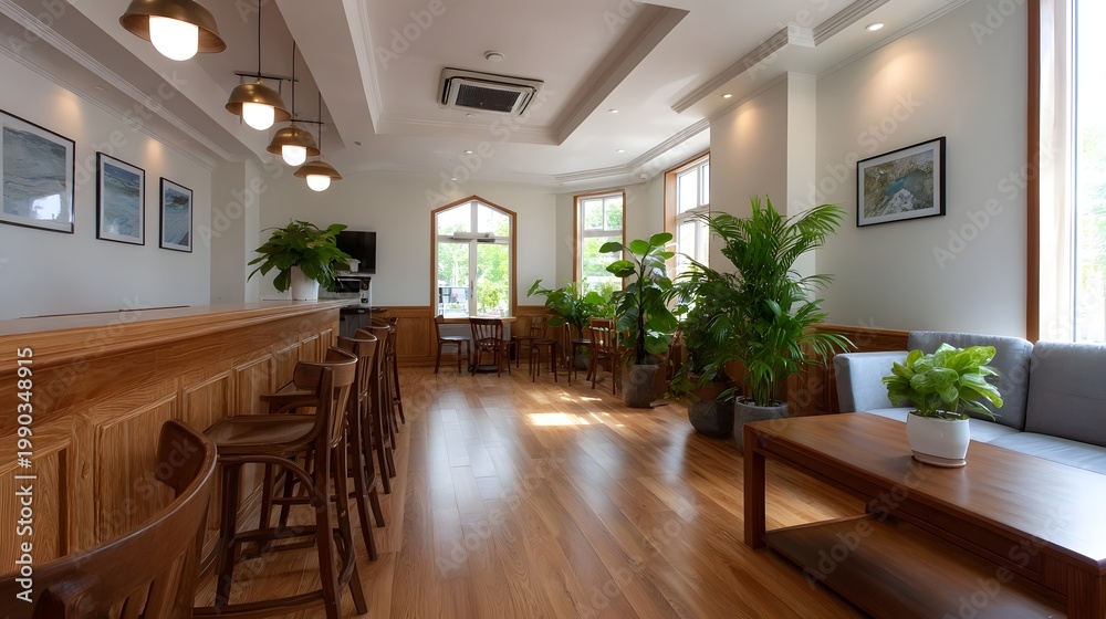 Fototapeta premium A bright modern lounge interior featuring natural wood elements abundant greenery and comfortable seating areas