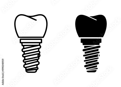 Dental Implant Icon Set with Screw and Crown Outline