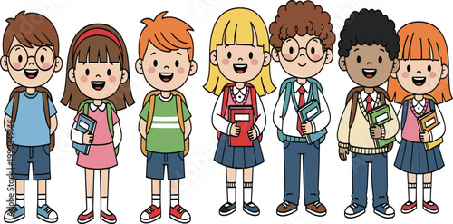 Happy School Kids Cartoon Illustration Set with Diverse Children Holding Books and Backpacks in Cute Style for Education Design, Classroom Materials, and Creative Projects.