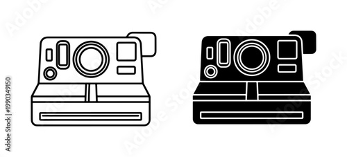 Retro Instant Camera Line and Silhouette Icon Set