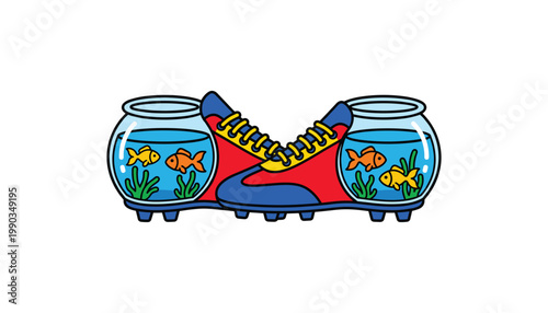 Creative Sports Shoe with Aquarium Fish Tank Soles Surreal Illustration for Quirky Humor Fantasy Concept and Merchandise Design