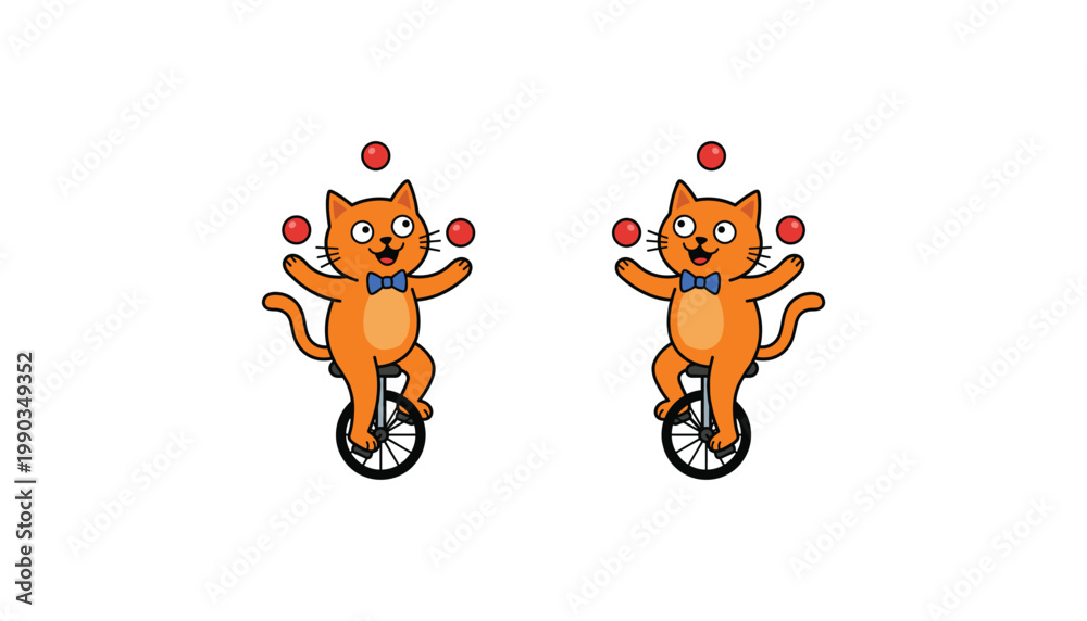Fototapeta premium Cartoon Cats Juggling on Unicycles Illustration for Circus Performance Multitasking Balance Skill and Fun Entertainment Design