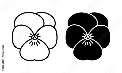 Pansy flower line and solid black icon set