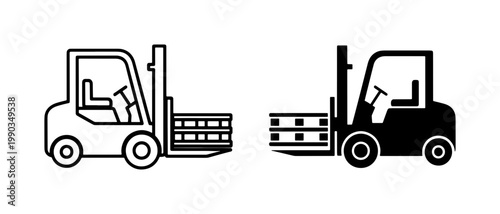 Forklift truck icons with pallet cargo for warehouse logistics