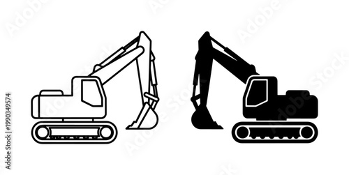 Excavator Construction Machine Line and Silhouette Icon Set