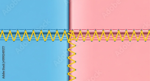 Yellow zigzag stitching connecting two colored panels.