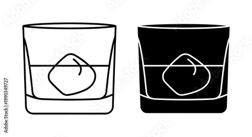Whiskey Glass with Ice Cube Line and Silhouette Icons