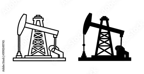 Oil Pumpjack Rig Icon Set in Outline and Silhouette Style