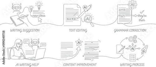 An infographic illustrating the writing process with AI assistance for content improvement and grammar correction AI, eps, png, jpg. transparent background.