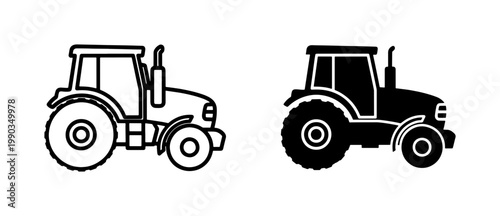 Tractor Outline and Solid Silhouette Vector Icons
