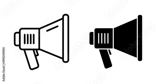 Photography Megaphone line and solid black icon set for marketing announcement