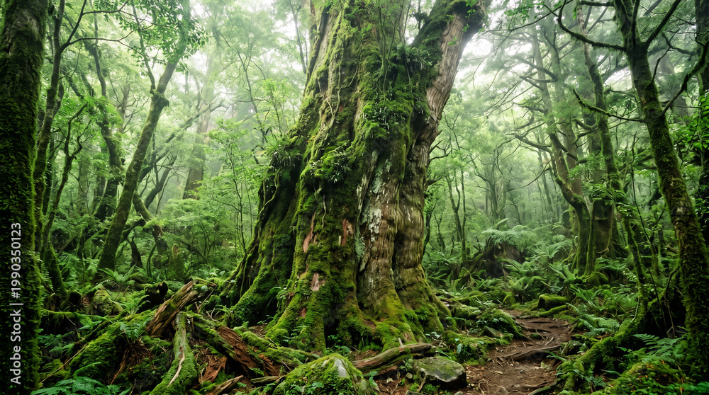 Fototapeta premium Ancient Moss-Covered Tree in Misty Forest