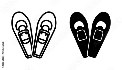 Snowshoeing winter gear icon set in black outline and solid style