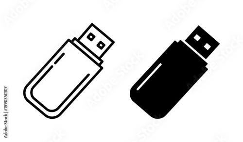 USB Flash Drive Outline and Solid Icon Set