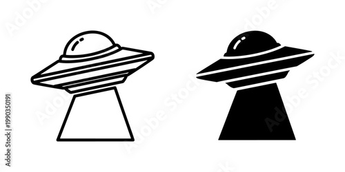 UFO Flying Saucer Icon Set with Light Beam