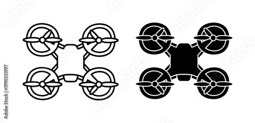Drone quadcopter icon set in outline and solid black style