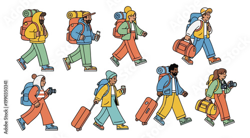 Set of diverse travelers with backpacks and luggage