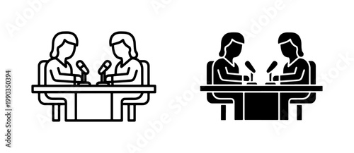 Podcast Interview Icon Set with Two Women Speaking into Microphones