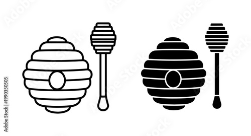 Beehive and Dipper Stick Black Line Icon Set