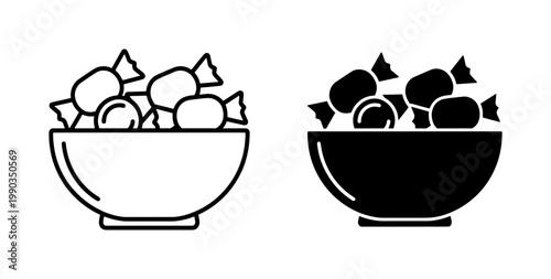 Bowl of Wrapped Candy Icons in Line and Silhouette Style