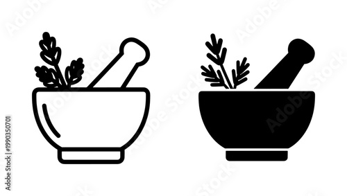 Mortar and Pestle Herbal Medicine Icon Set