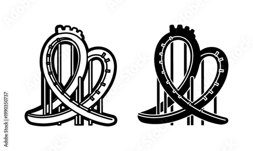 Roller Coaster Line Art and Silhouette Icon Set