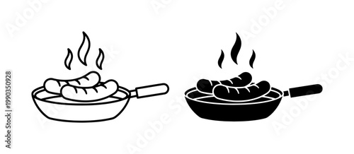 Frying Sausages in Pan Icon Set