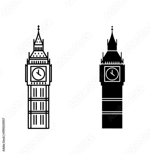 Big Ben London Clock Tower Line and Silhouette Icon Set