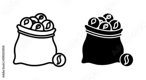 Coffee bean sack icon set in black and white line art
