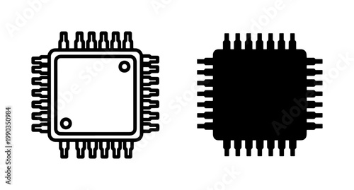 Computer Microchip Processor Outline and Silhouette Icon Set