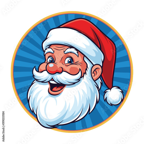 Smiling Santa Claus face in red hat on blue background