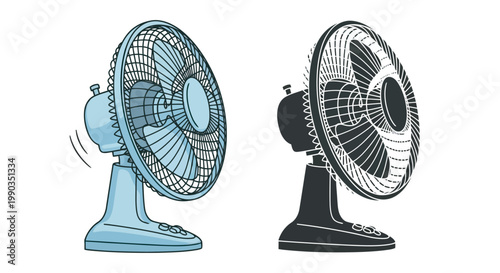 Electric fans in motion a pair of oscillating table fans providing refreshing air circulation and cool comfort on a hot day, presented as a graphic design element