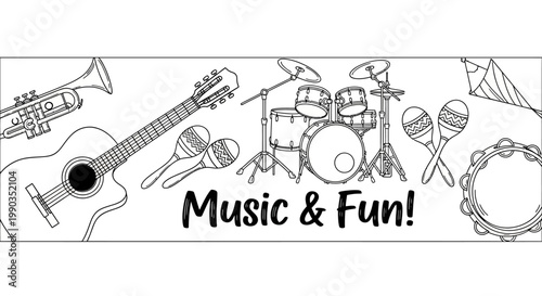 Music and Fun Hand Drawn Doodle Musical Instruments Illustration.