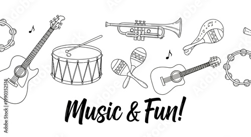 Doodle illustration of various musical instruments with Music and Fun text.