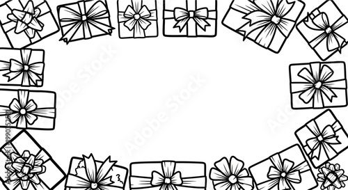 Hand drawn gift boxes border frame illustration.