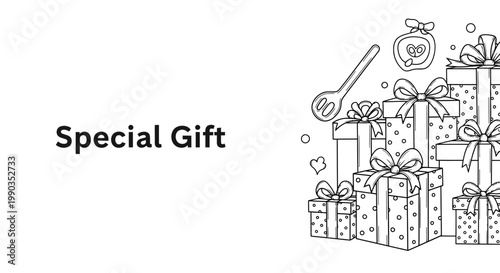 Hand drawn doodle illustration featuring a stack of gift boxes with bows.